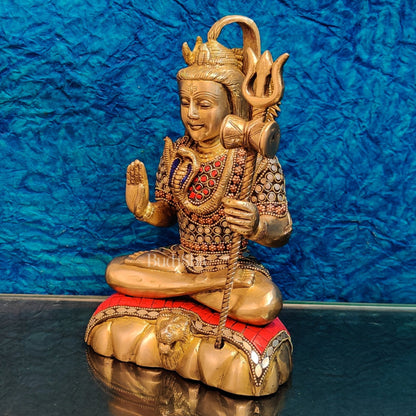 Fine Quality Brass Blessing Lord Shiva Idol | Handcrafted with Natural Stones 10 "
