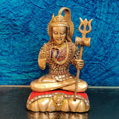 Fine Quality Brass Blessing Lord Shiva Idol | Handcrafted with Natural Stones 10 "