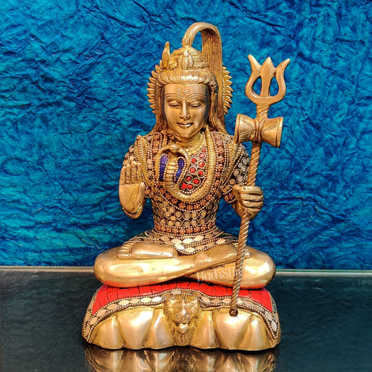 Fine Quality Brass Blessing Lord Shiva Idol | Handcrafted with Natural Stones 10 "