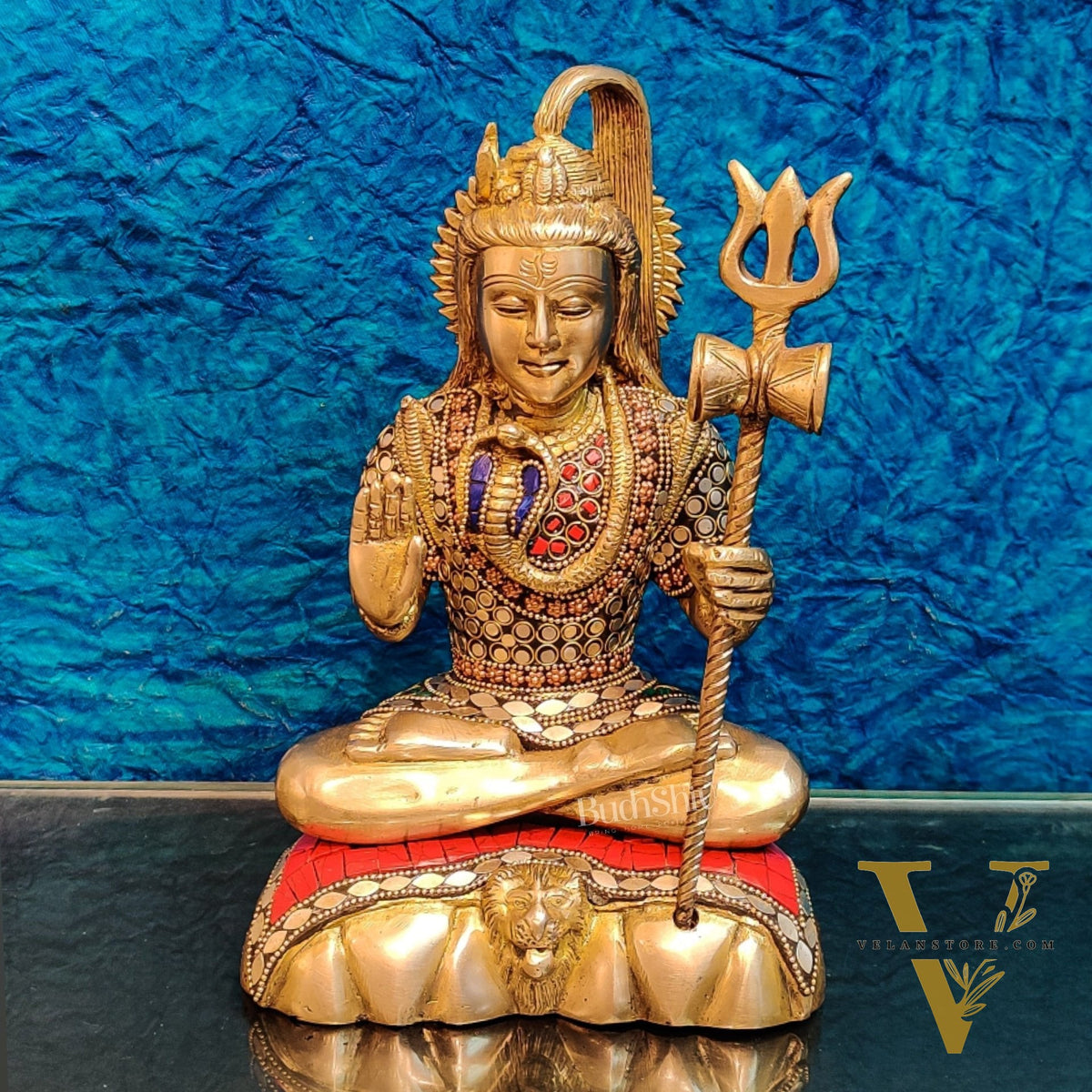 Fine Quality Brass Blessing Lord Shiva Idol | Handcrafted with Natural Stones 10 "
