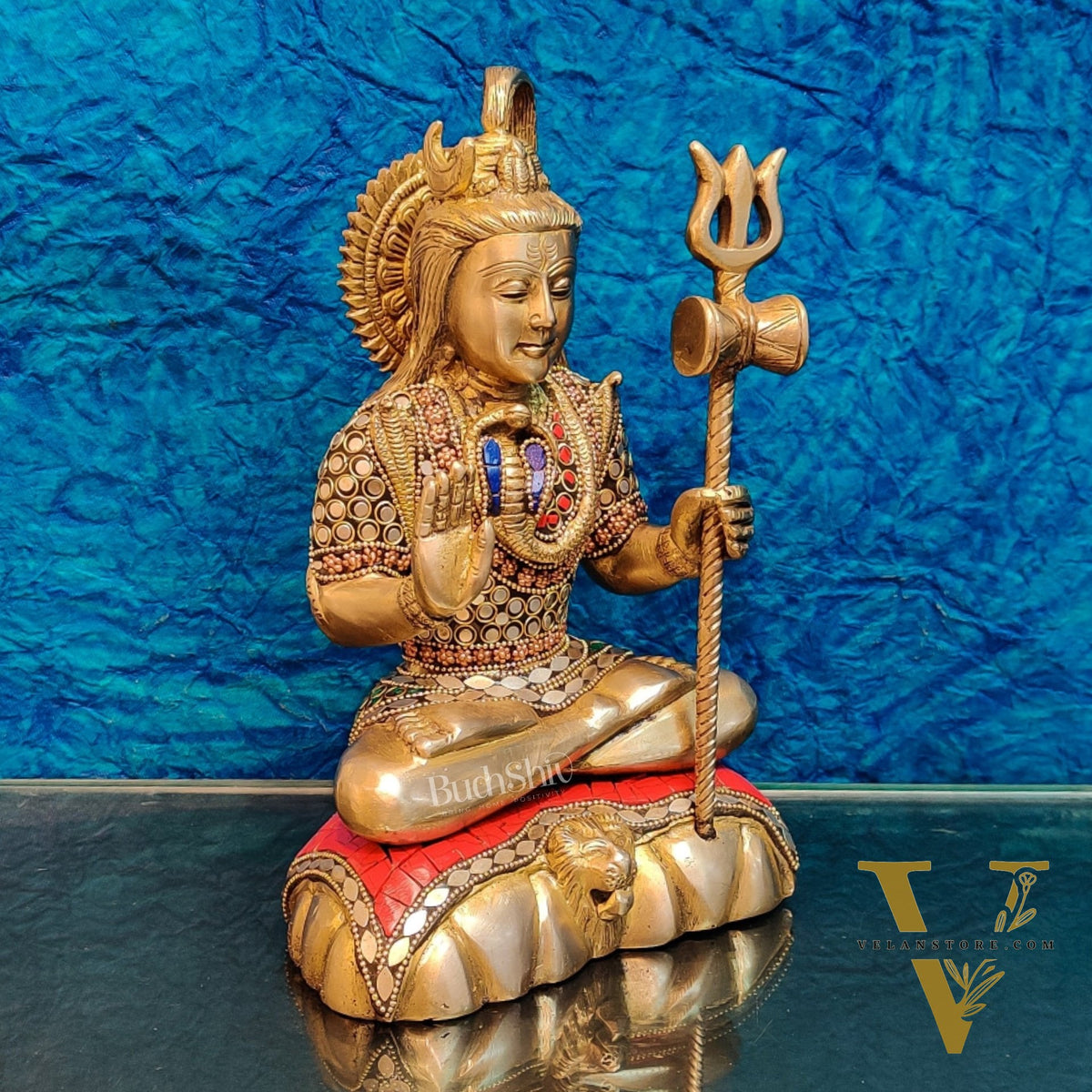 Fine Quality Brass Blessing Lord Shiva Idol | Handcrafted with Natural Stones 10 "