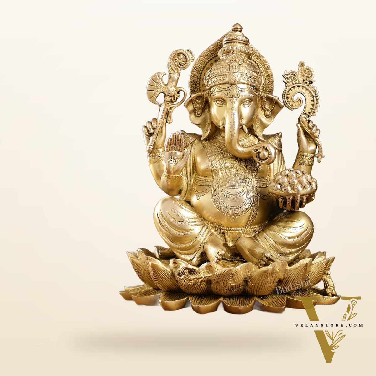 Fine Quality Brass Handcrafted Ganapati Seated on Lotus | 12" Height