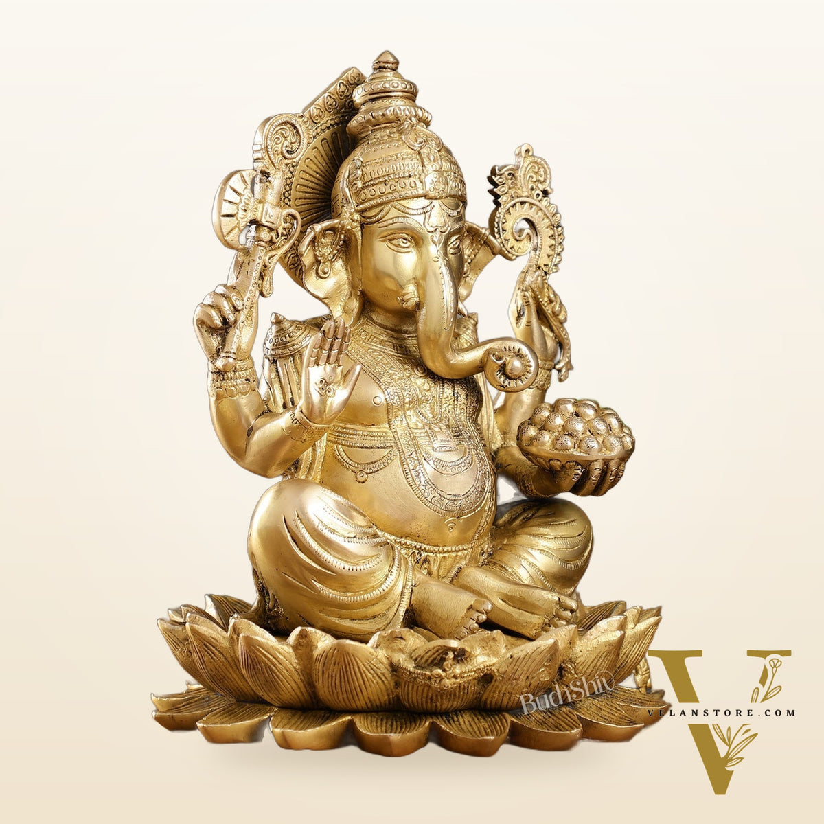 Fine Quality Brass Handcrafted Ganapati Seated on Lotus | 12" Height