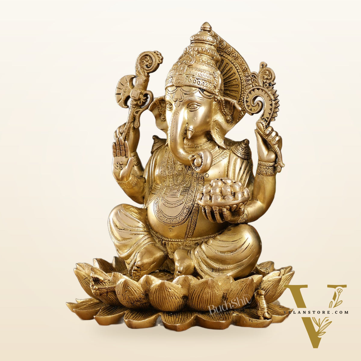 Fine Quality Brass Handcrafted Ganapati Seated on Lotus | 12" Height