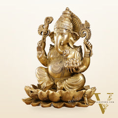 Fine Quality Brass Handcrafted Ganapati Seated on Lotus | 12" Height