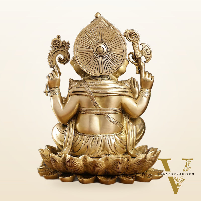 Fine Quality Brass Handcrafted Ganapati Seated on Lotus | 12" Height