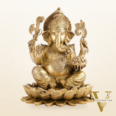 Fine Quality Brass Handcrafted Ganapati Seated on Lotus | 12" Height