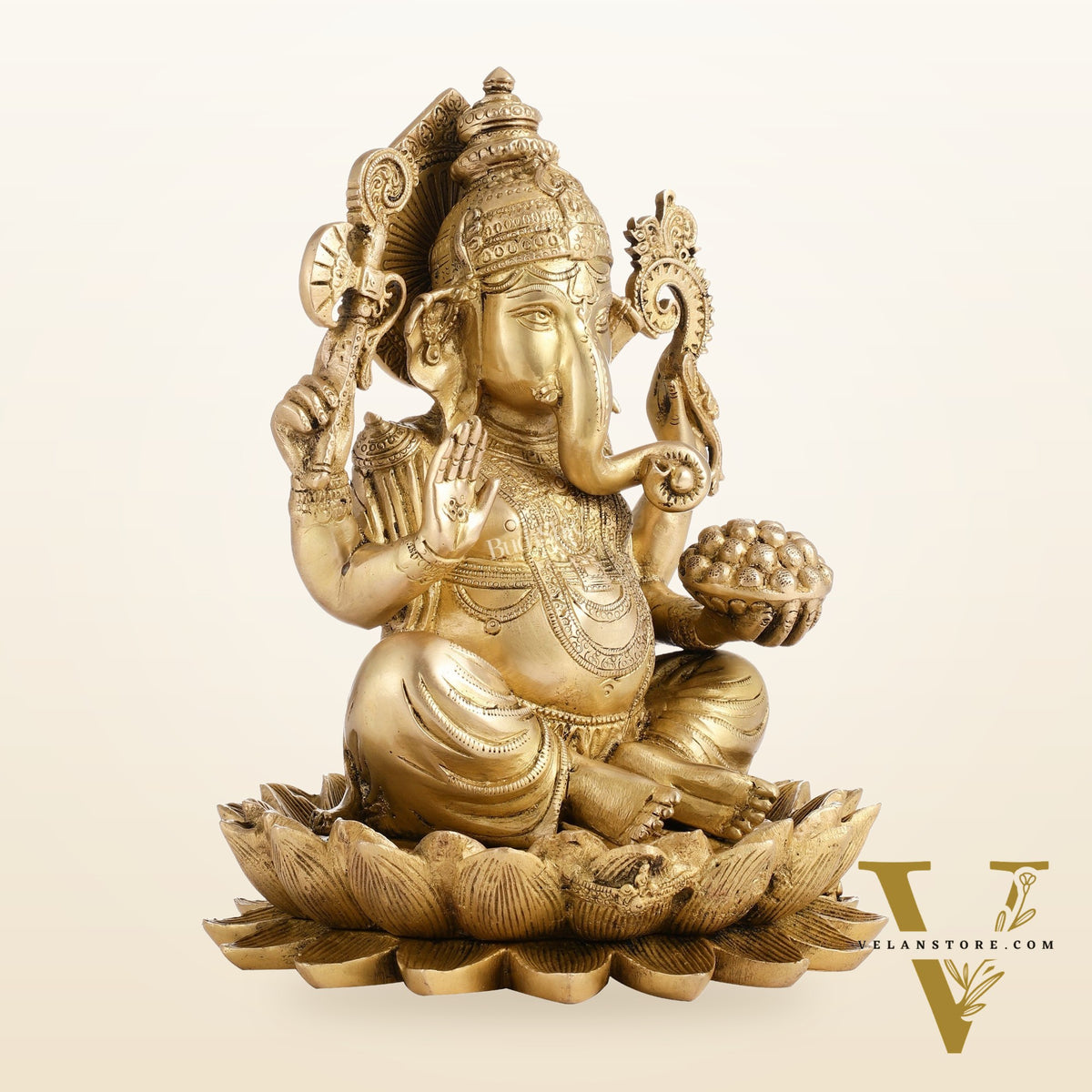 Fine Quality Brass Handcrafted Ganapati Seated on Lotus | 12" Height