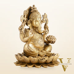 Fine Quality Brass Handcrafted Ganapati Seated on Lotus | 12" Height