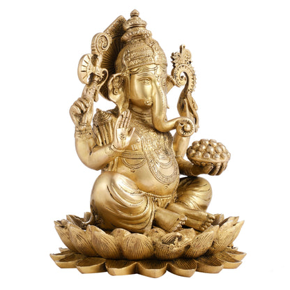 Fine Quality Brass Handcrafted Ganapati Seated on Lotus | 12" Height