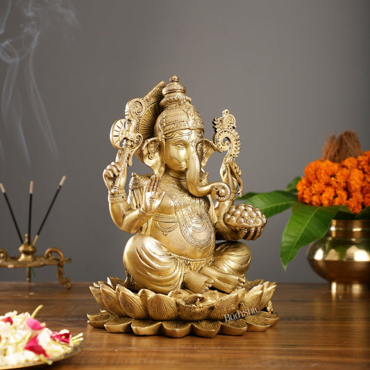 Fine Quality Brass Handcrafted Ganapati Seated on Lotus | 12" Height