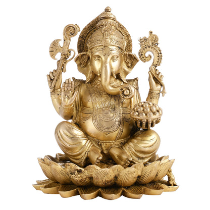 Fine Quality Brass Handcrafted Ganapati Seated on Lotus | 12" Height