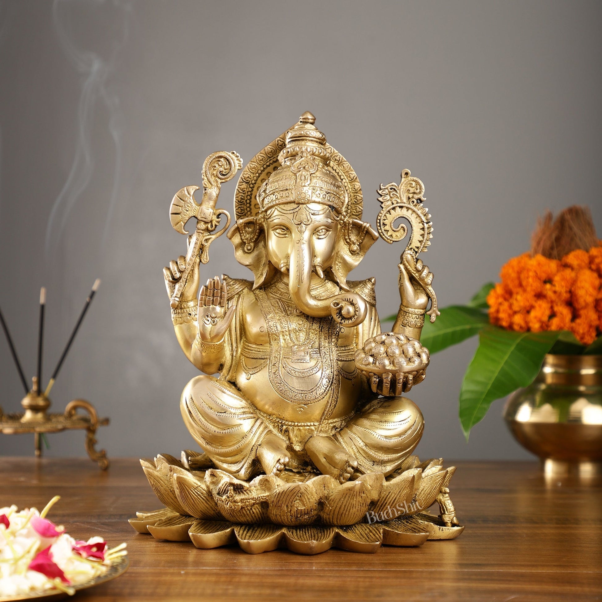 Fine Quality Brass Handcrafted Ganapati Seated on Lotus | 12" Height
