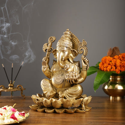 Fine Quality Brass Handcrafted Ganapati Seated on Lotus | 12" Height