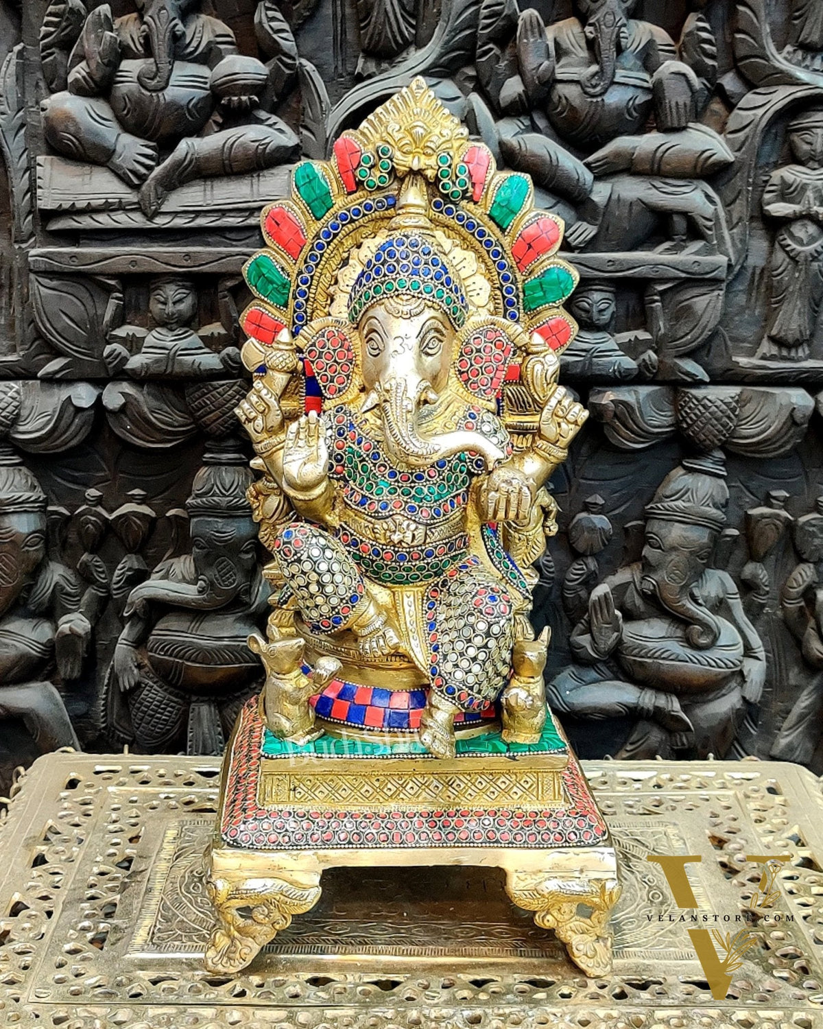 Finely Carved Ganapati on Big Throne with Mooshaks - 17" Height