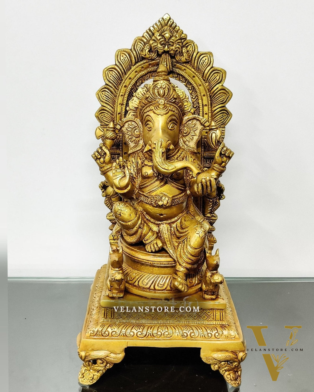 Finely Carved Ganapati on Big Throne with Mooshaks - 17" Height