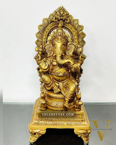 Finely Carved Ganapati on Big Throne with Mooshaks - 17" Height