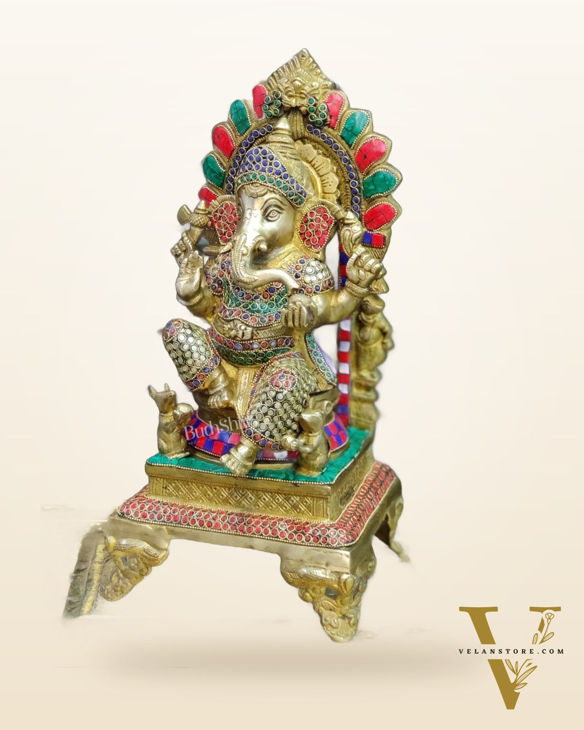 Finely Carved Ganapati on Big Throne with Mooshaks - 17" Height