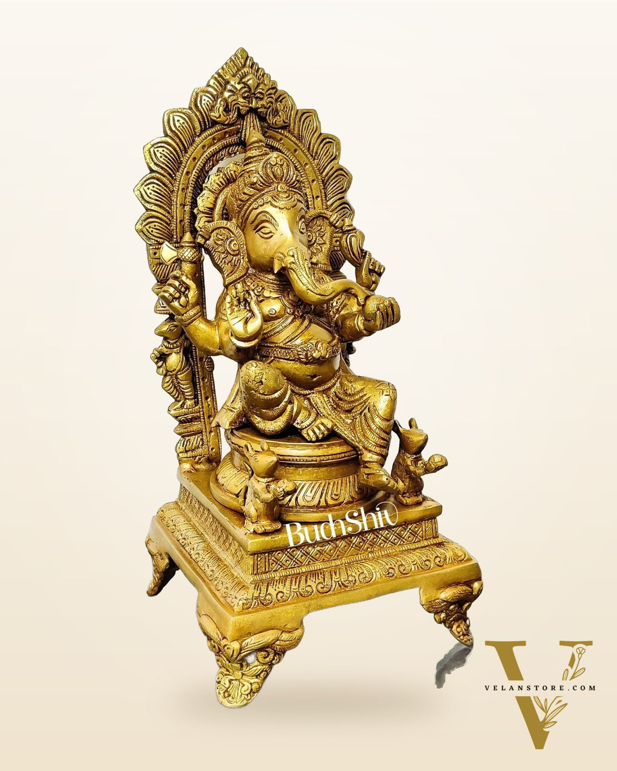 Finely Carved Ganapati on Big Throne with Mooshaks - 17" Height