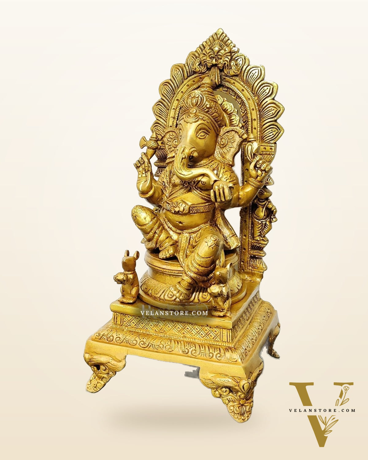 Finely Carved Ganapati on Big Throne with Mooshaks - 17" Height