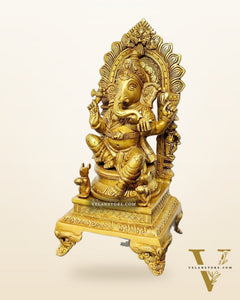 Finely Carved Ganapati on Big Throne with Mooshaks - 17" Height