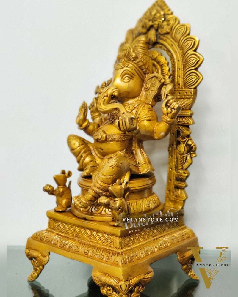 Finely Carved Ganapati on Big Throne with Mooshaks - 17" Height