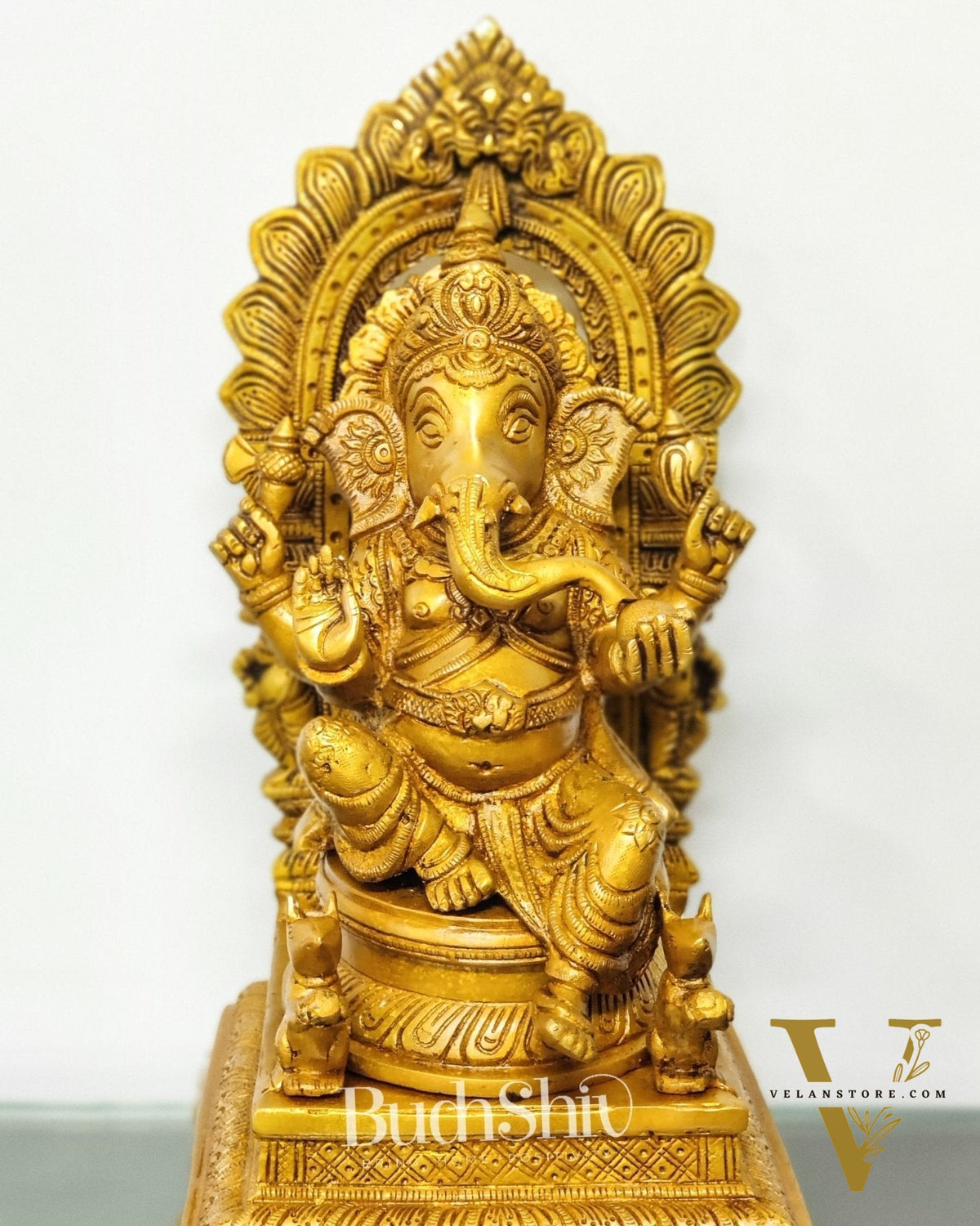 Finely Carved Ganapati on Big Throne with Mooshaks - 17" Height