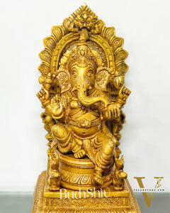 Finely Carved Ganapati on Big Throne with Mooshaks - 17" Height