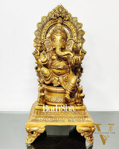 Finely Carved Ganapati on Big Throne with Mooshaks - 17" Height