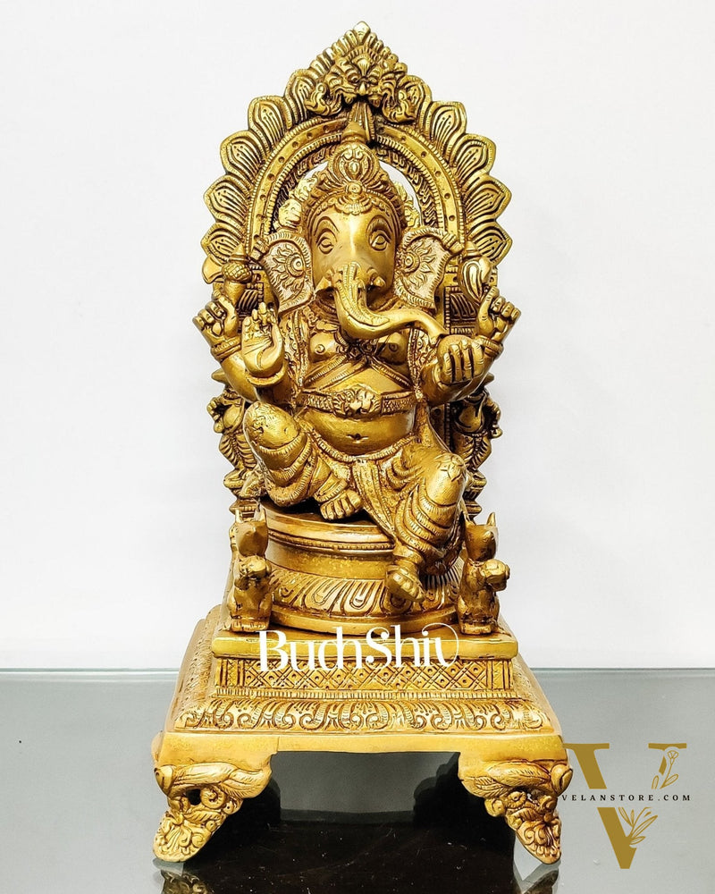 Finely Carved Ganapati on Big Throne with Mooshaks - 17" Height