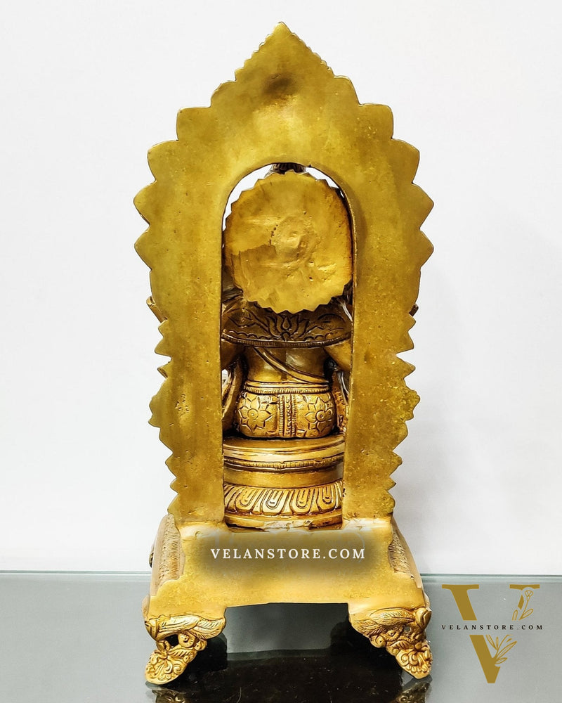 Finely Carved Ganapati on Big Throne with Mooshaks - 17" Height