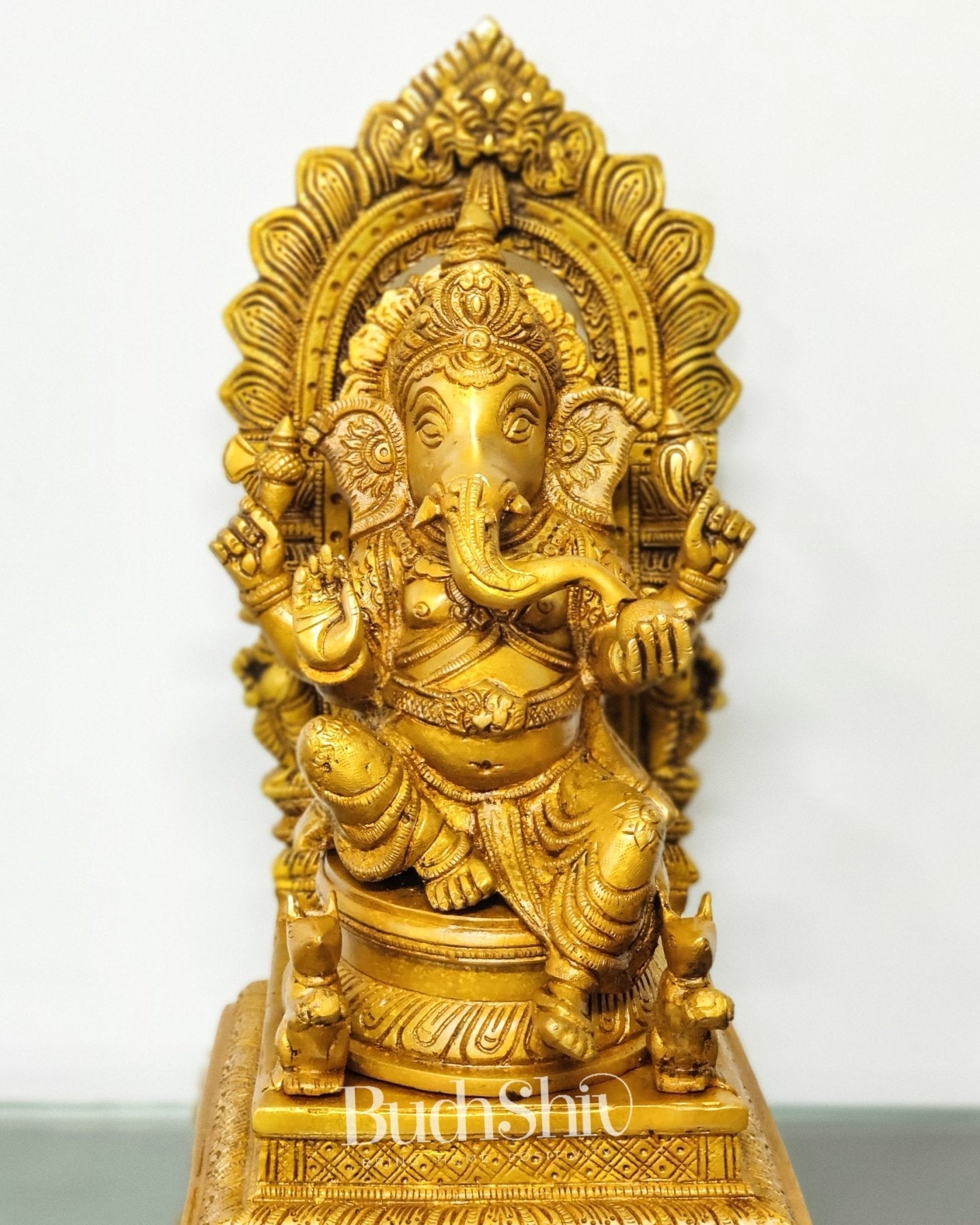 Finely Carved Ganapati on Big Throne with Mooshaks - 17" Height
