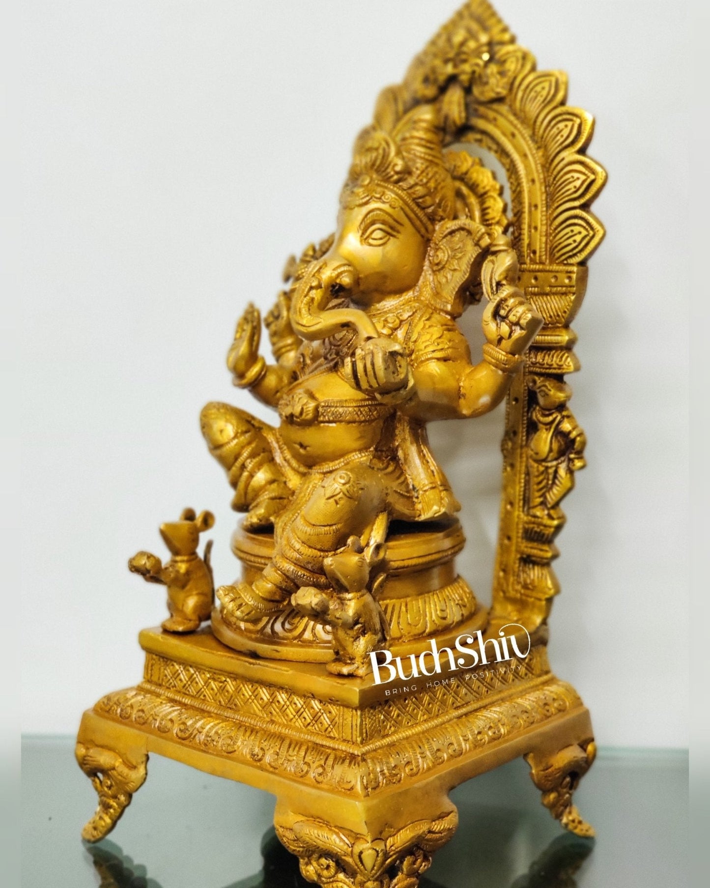 Finely Carved Ganapati on Big Throne with Mooshaks - 17" Height