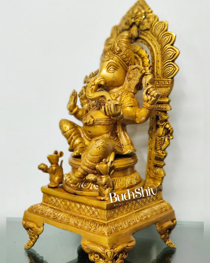 Finely Carved Ganapati on Big Throne with Mooshaks - 17" Height