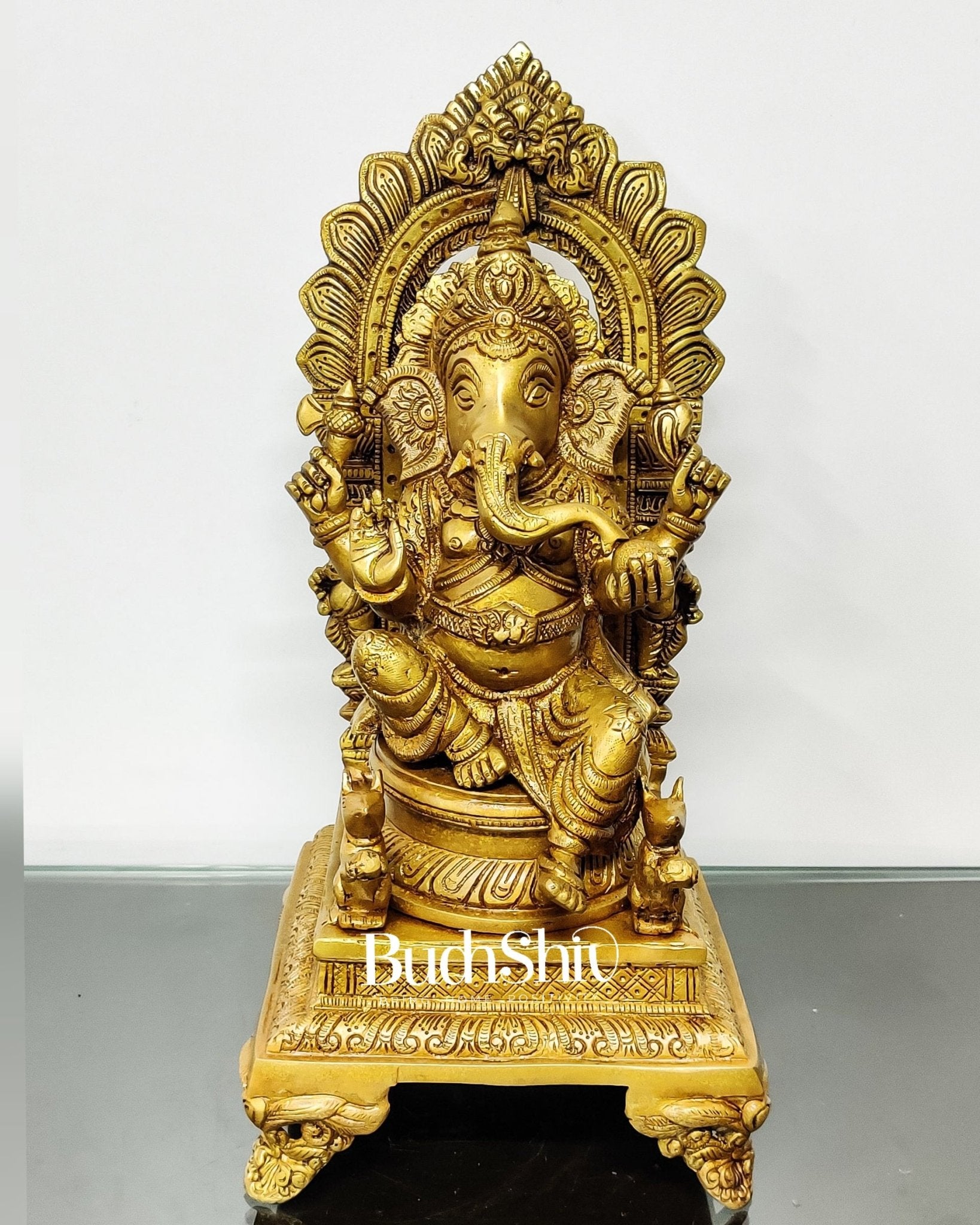 Finely Carved Ganapati on Big Throne with Mooshaks - 17" Height
