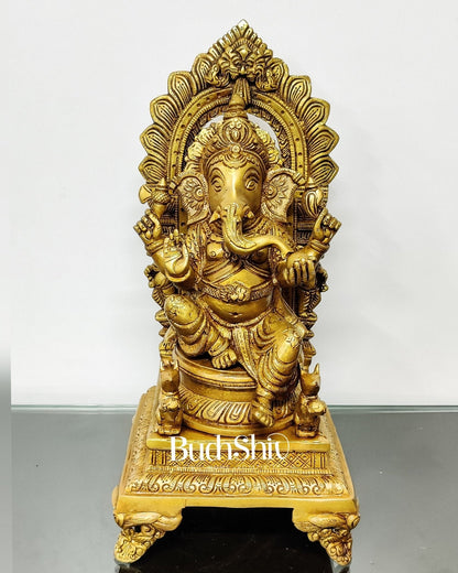 Finely Carved Ganapati on Big Throne with Mooshaks - 17" Height