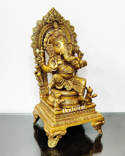 Finely Carved Ganapati on Big Throne with Mooshaks - 17" Height