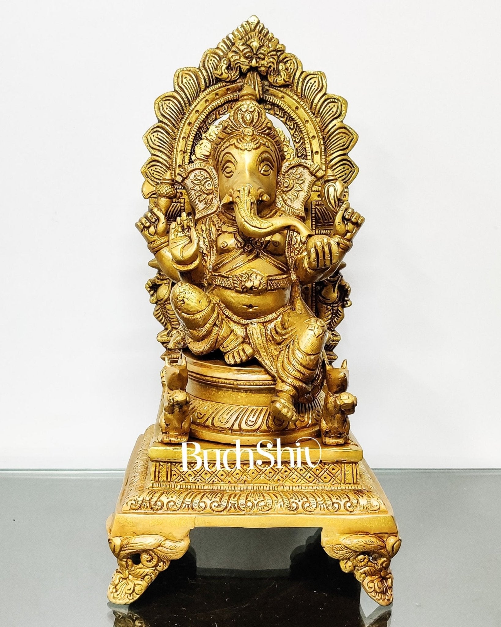 Finely Carved Ganapati on Big Throne with Mooshaks - 17" Height