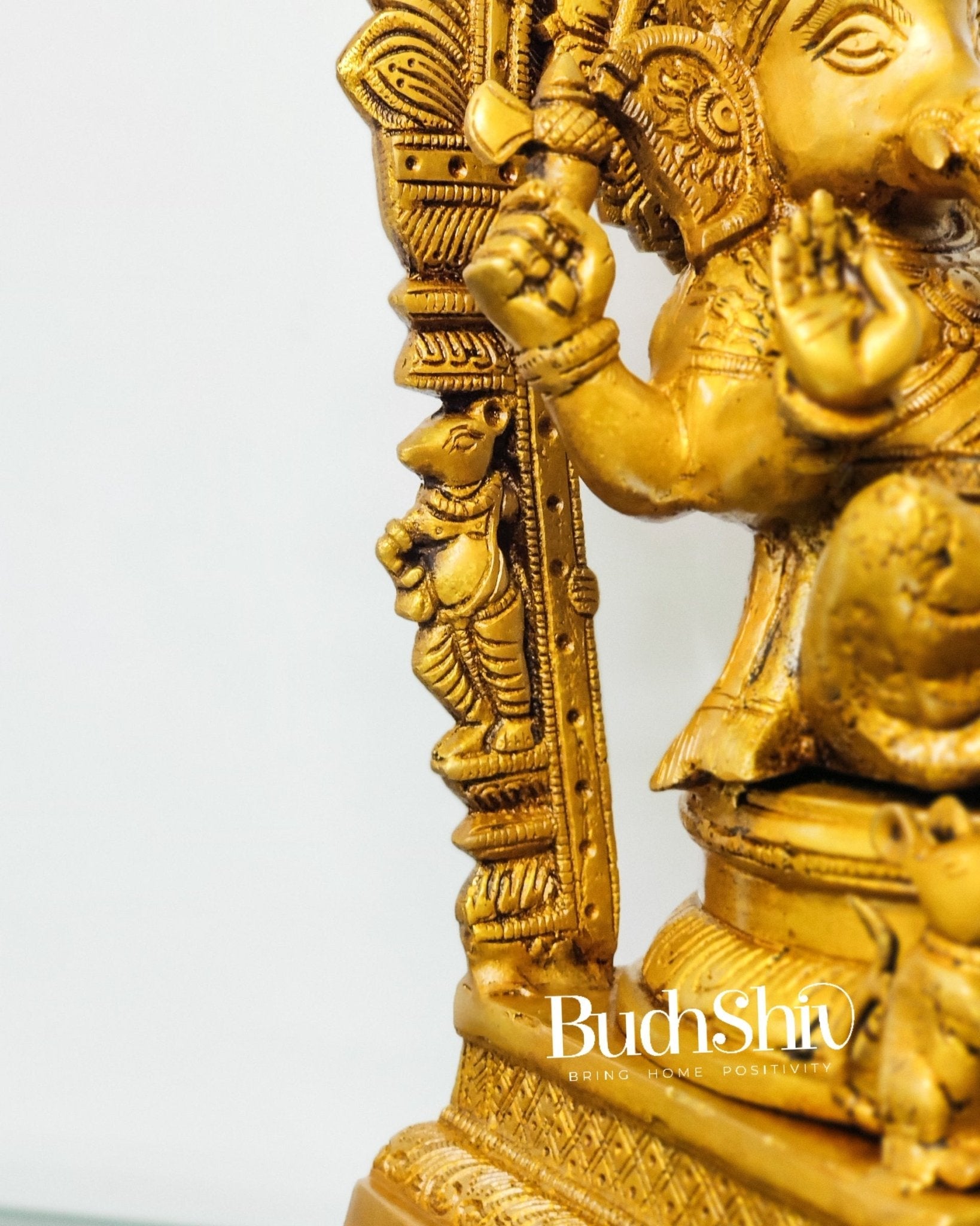 Finely Carved Ganapati on Big Throne with Mooshaks - 17" Height