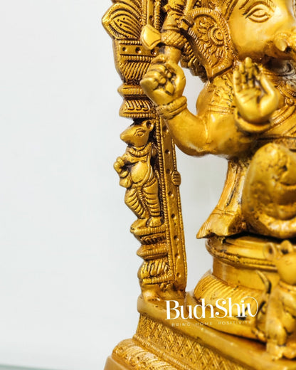 Finely Carved Ganapati on Big Throne with Mooshaks - 17" Height