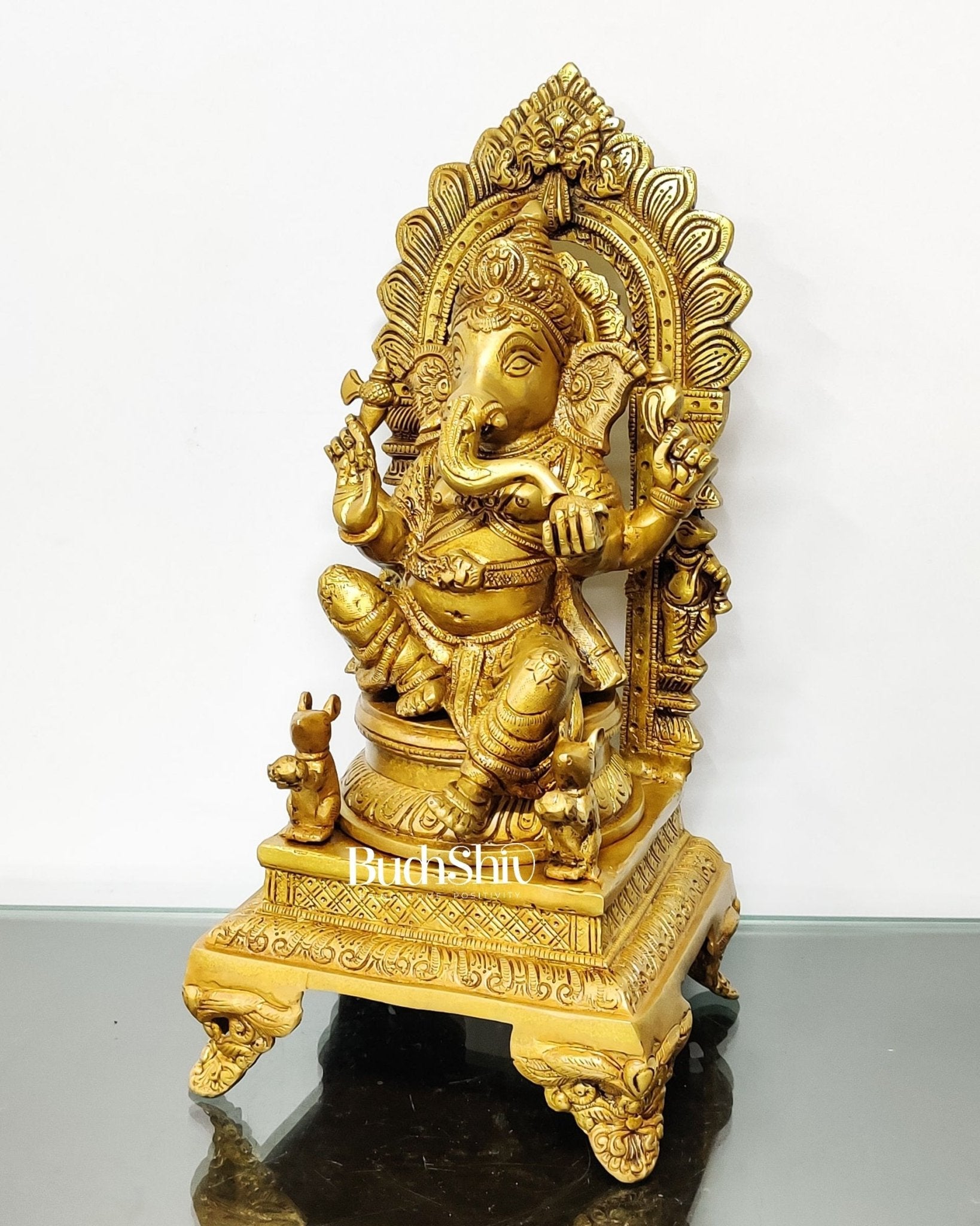 Finely Carved Ganapati on Big Throne with Mooshaks - 17" Height