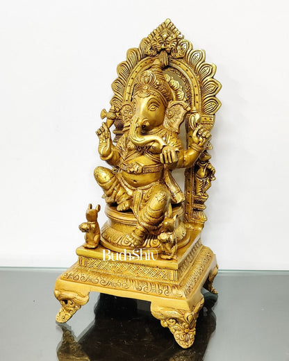 Finely Carved Ganapati on Big Throne with Mooshaks - 17" Height