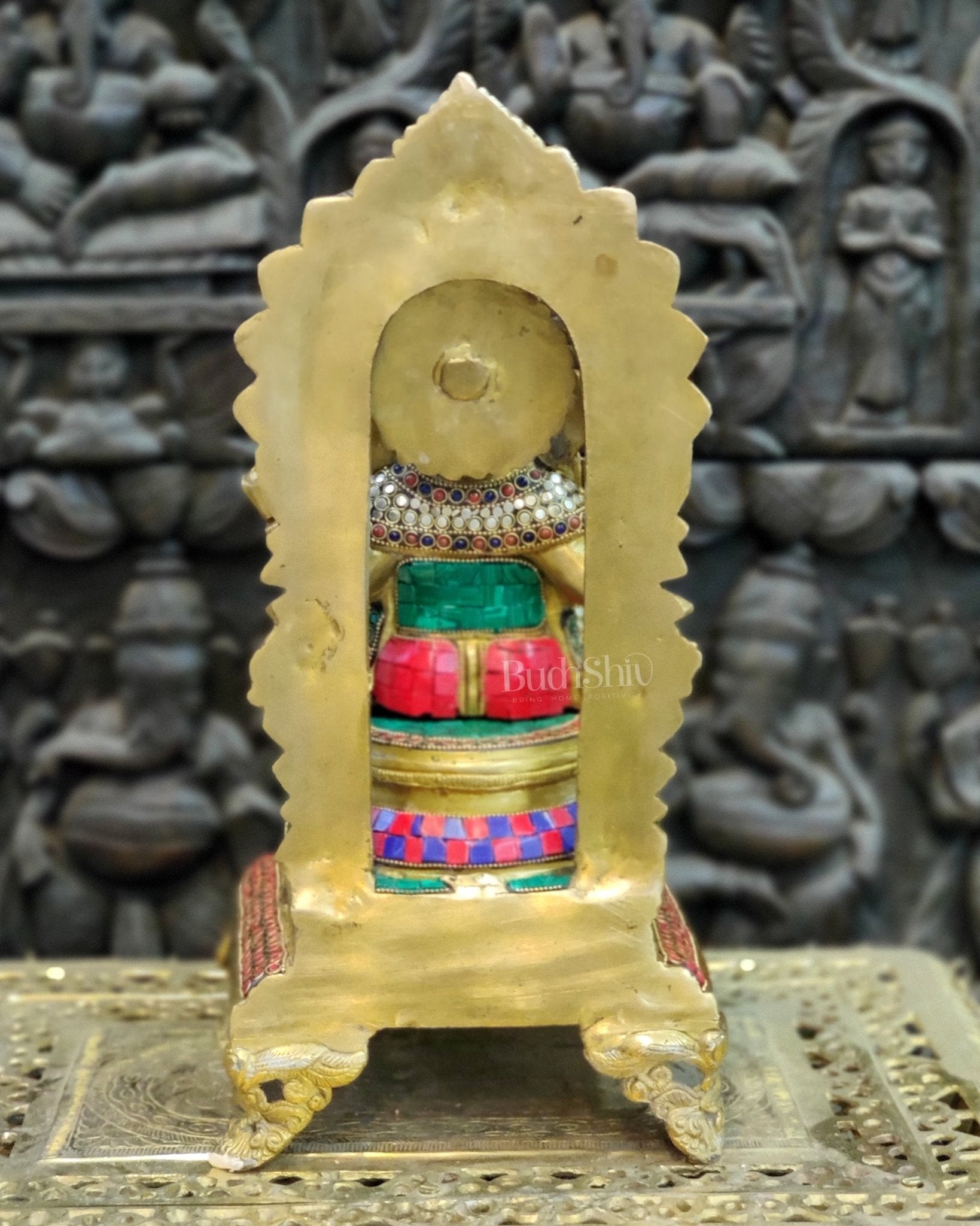 Finely Carved Ganapati on Big Throne with Mooshaks - 17" Height