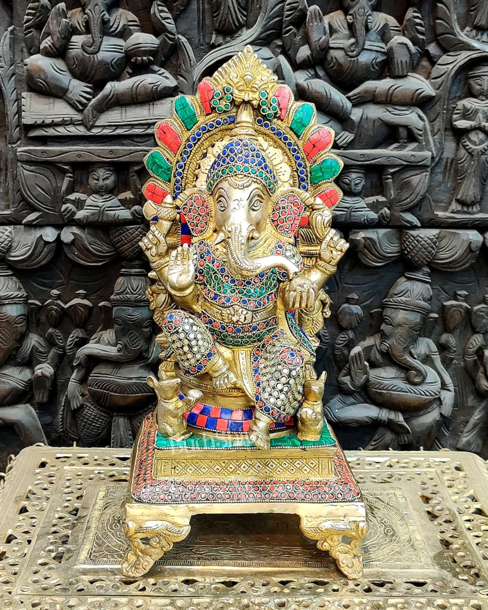 Finely Carved Ganapati on Big Throne with Mooshaks - 17" Height