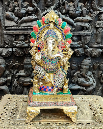 Finely Carved Ganapati on Big Throne with Mooshaks - 17" Height