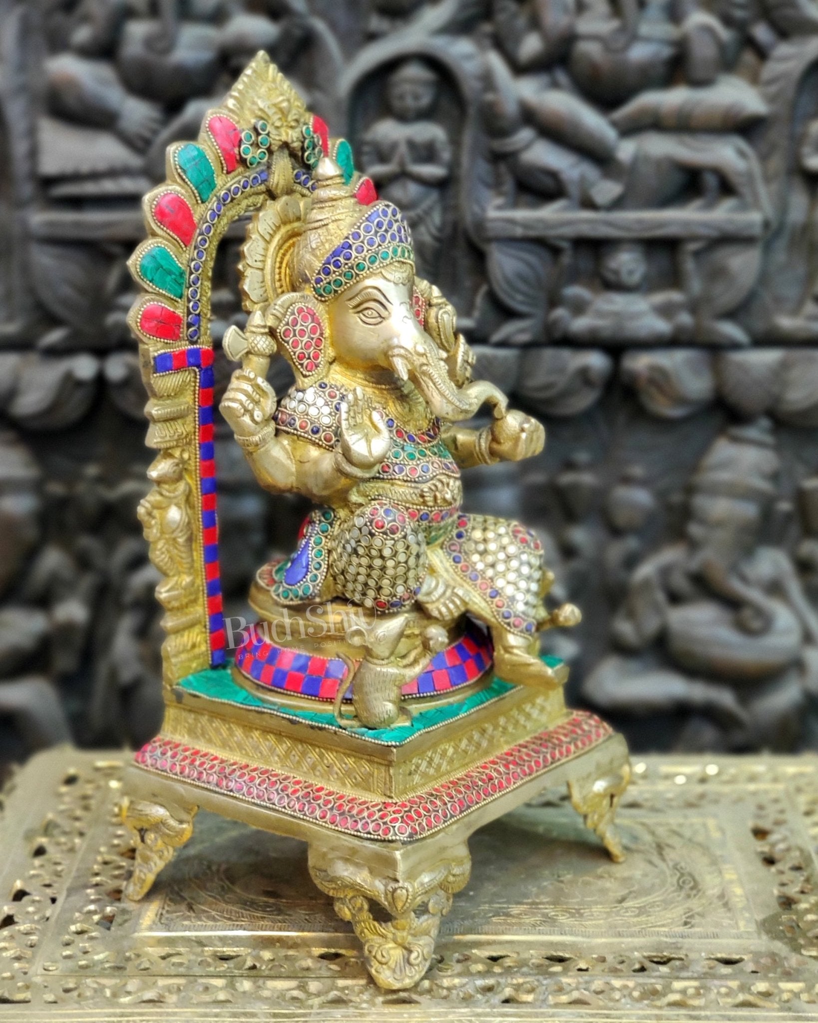Finely Carved Ganapati on Big Throne with Mooshaks - 17" Height