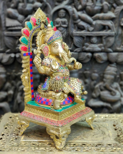 Finely Carved Ganapati on Big Throne with Mooshaks - 17" Height