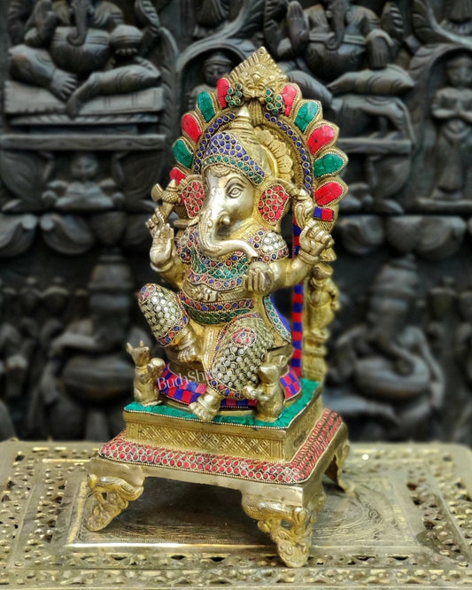 Finely Carved Ganapati on Big Throne with Mooshaks - 17" Height