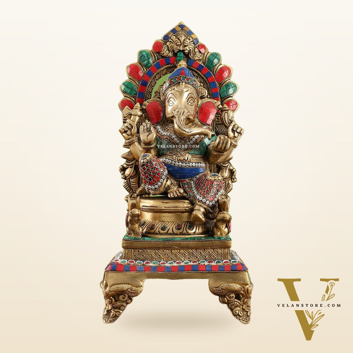Finely Carved Ganapati Statue on Throne - 17 inch with stonework