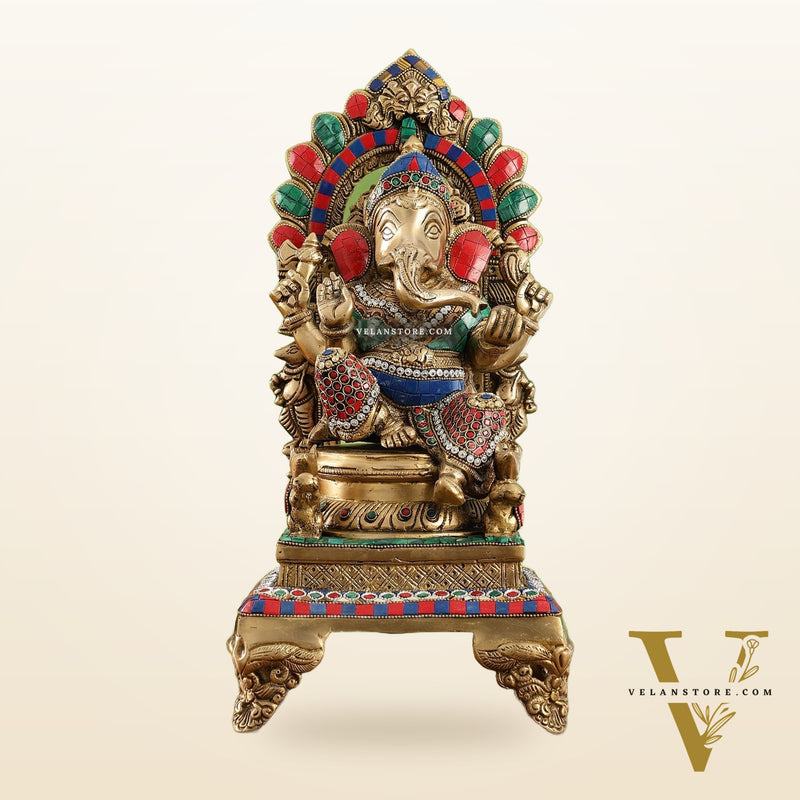 Finely Carved Ganapati Statue on Throne - 17 inch with stonework